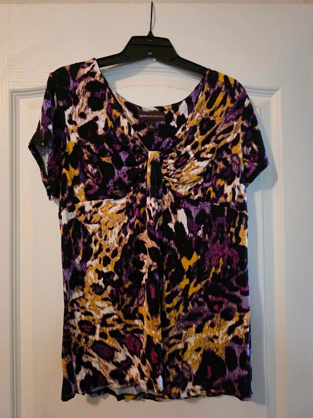 Dana Buchman Purple Yellow Black Animal Print Short Sleeve Top Large